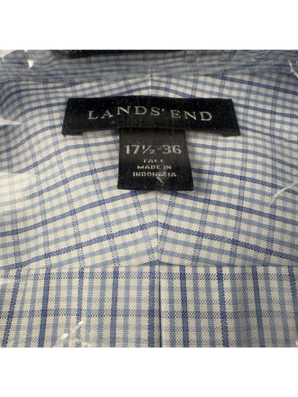 Lands’ End Men’s Dress Shirt 17.5-36 Tall Blue Mini Check Button Down - Picture 4 of 6